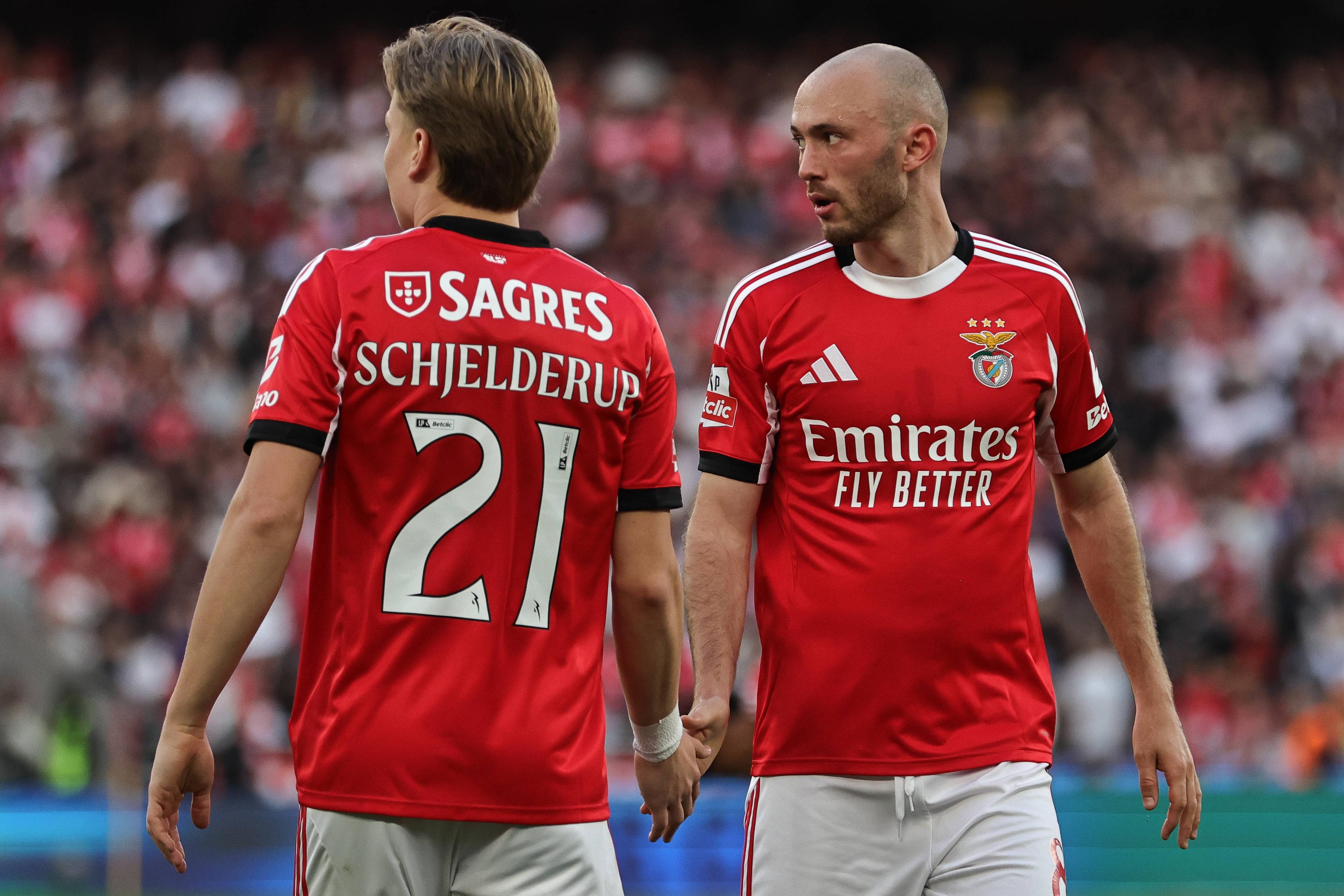 Andreas Schjelderup e Fredrik Aursnes juntos no Benfica e na seleção da Noruega — Foto: IMAGO