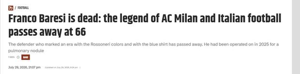 'Tuttosport' noticiou morte de Baresi. Milan já reagiu a desmentir