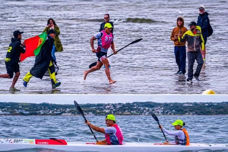 Bernardo Pereira a correr para a meta na praia em Brest para confirmar a vitória da dupla lusa
