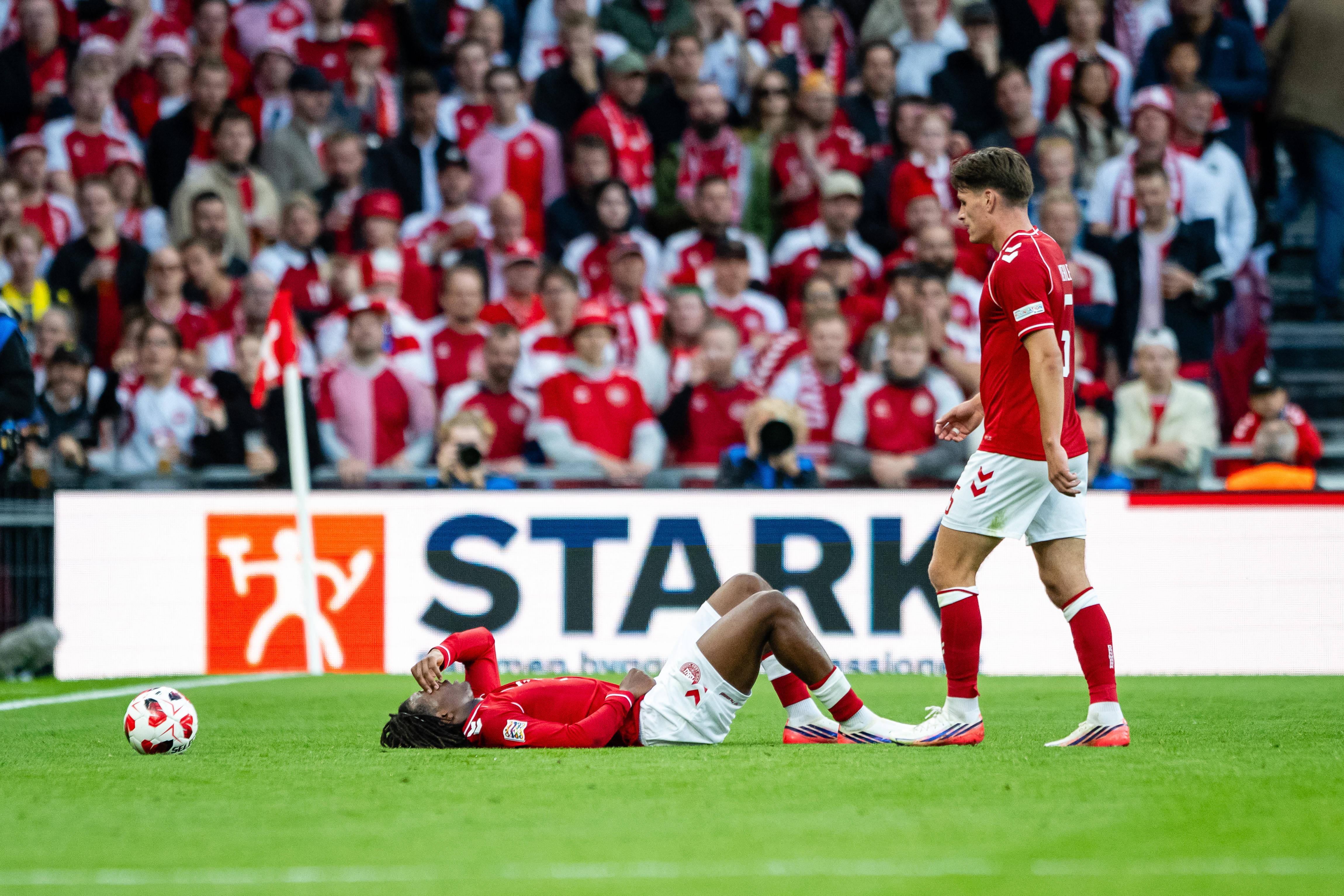 Patrick Dorgu, Manchester United/Dinamarca: lesionou-se durante o jogo com País de Gales e foi dispensado antes do jogo com Portugal