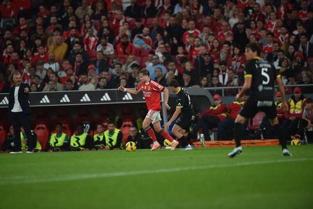 Schjelderup encara Manso, com João Afonso na expectativa, no jogo entre o Benfica e o Tondela - Foto: Miguel Nunes