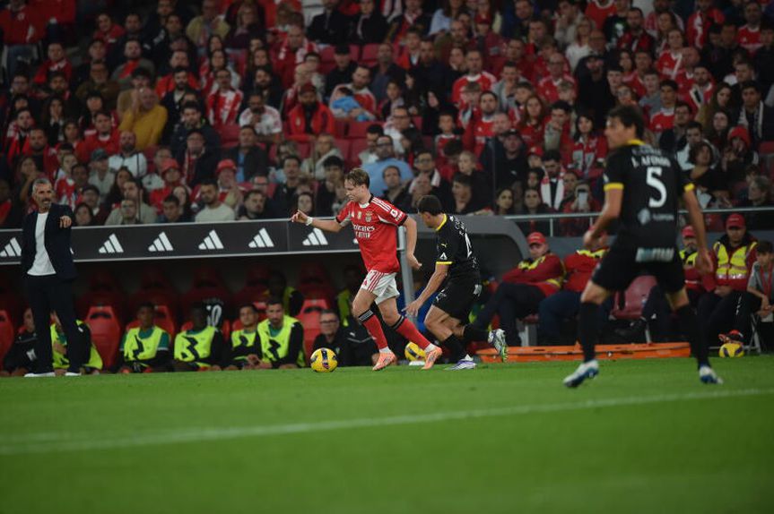 Schjelderup encara Manso, com João Afonso na expectativa, no jogo entre o Benfica e o Tondela - Foto: Miguel Nunes