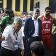 Mário Gomes, o selecionador nacional, com a Seleção Nacional de basquetebol masculino no apuramento para o Eurobasket 2025. Foto FPB