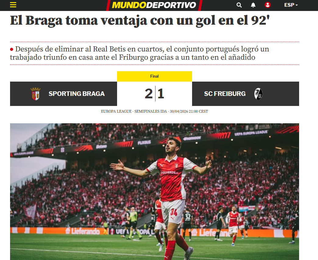 Mundo Deportivo: «SC Braga em vantagem com golo aos 90+2'»