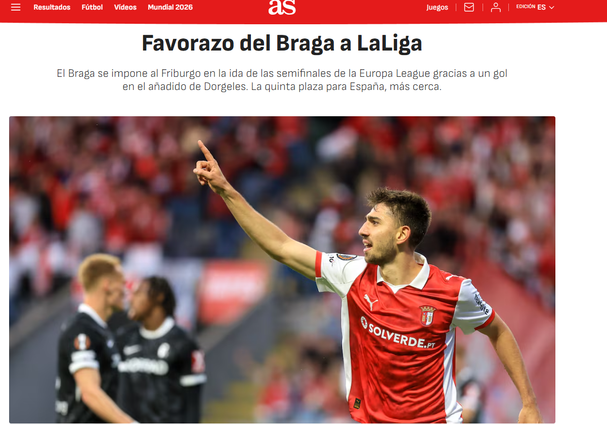 AS: «Grande favor do SC Braga à LaLiga. Quinta vaga para a Liga dos Campeões um pouco mais perto após a vitória do Rayo Vallecano na Conference League e a derrota do Friburgo na Liga Europa»