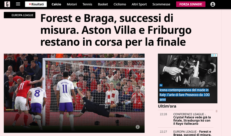 Gazzetta dello Sport: «Nottingham Forest e SC Braga conseguem vitórias apertadas. Aston Villa e Friburgo seguem na luta pela final»