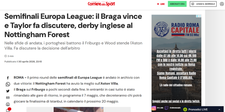 Corriere dello Sport: «SC Braga vence e Anthony Taylor gera polémica». Italianos destacam que árbitro inglês teve de ser alertado pelo VAR para assinalar a grande penalidade a favor da equipa portuguesa