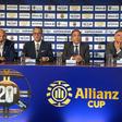 Carlos Mota Carvalho (AF Leiria), Gonçalo Lopes (CM Leiria), Reinaldo Teixeira (Liga) e José Francisco Neves (Allianz) na apresentação da 'final four' da Taça da Liga — Foto: A BOLA