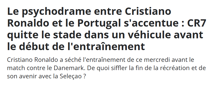DH Les Sports+ (Bélgica) - «O drama entre Cristiano Ronaldo e Portugal intensifica-se: CR7 sai do estádio num veículo antes do início do treino
Será isto o fim na Seleção?»
