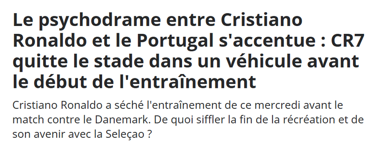 DH Les Sports+ (Bélgica) - «O drama entre Cristiano Ronaldo e Portugal intensifica-se: CR7 sai do estádio num veículo antes do início do treino
Será isto o fim na Seleção?»