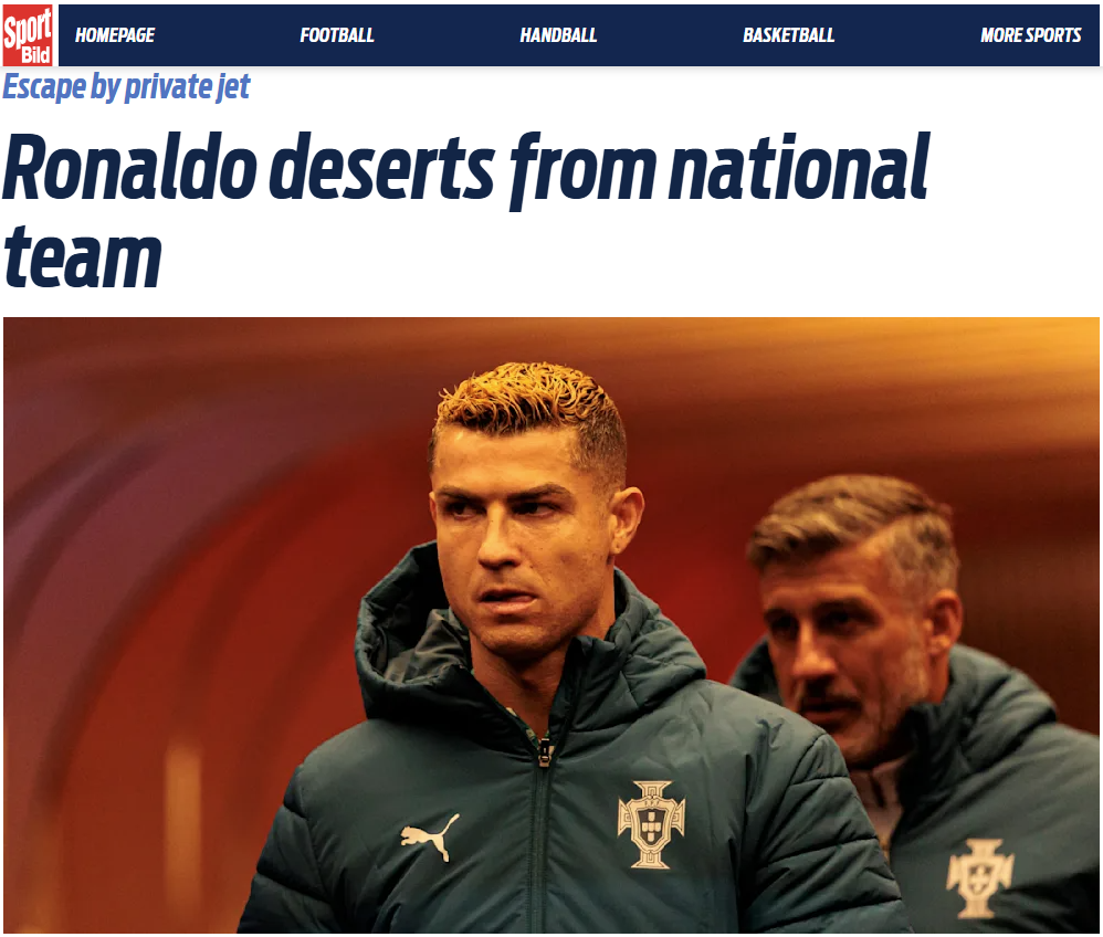 Sport Bild (Alemanha): «Ronaldo sai da Seleção Nacional - escapa num jato privado»