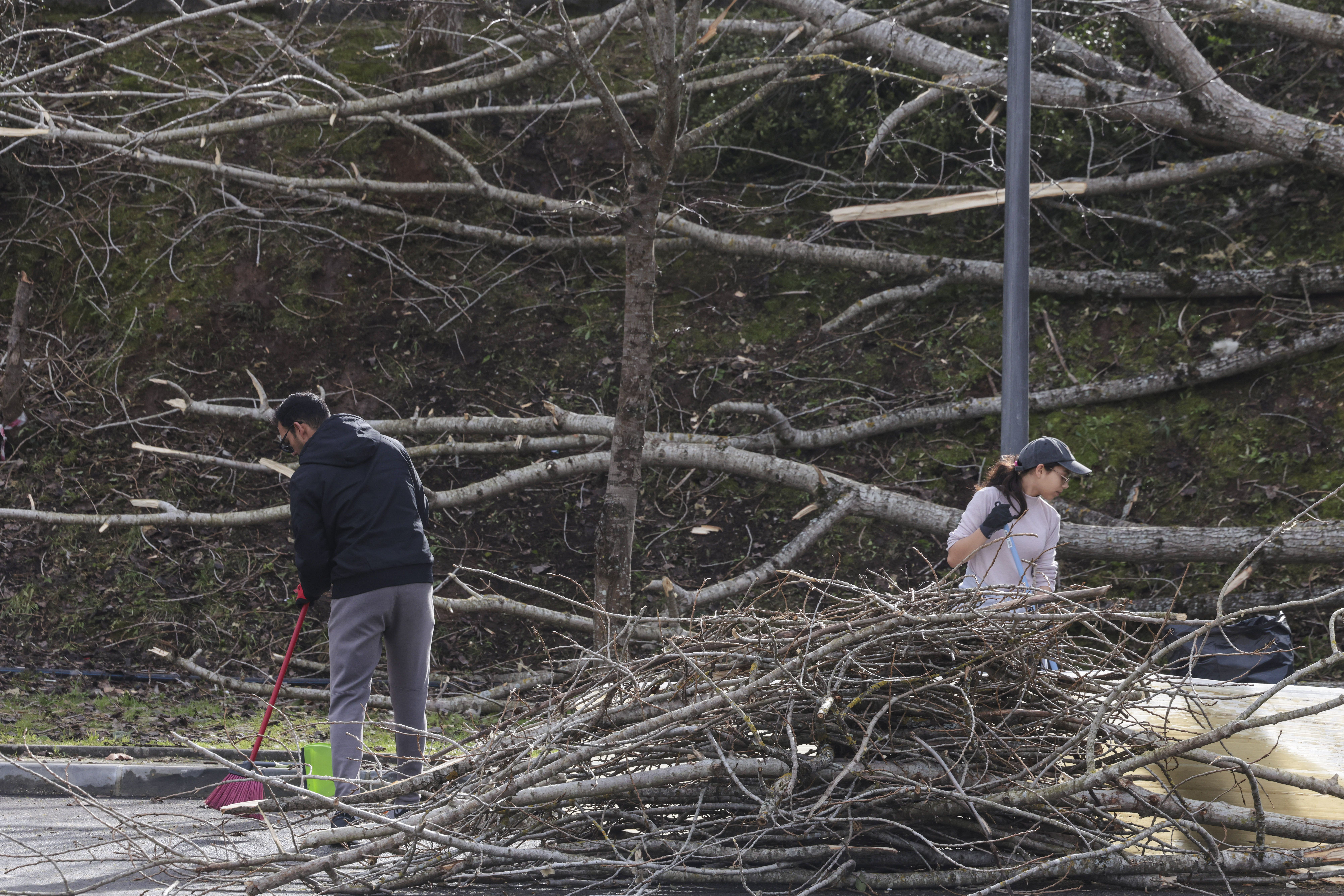 Voluntários ajudam na remoção de detritos provocados pela depressão Kristin, no centro de Leiria. Governo decretou situação de calamidade entre as 00:00 de quarta-feira até às 23:59 de 1 de fevereiro - Foto: MANUEL DE ALMEIDA/LUSA