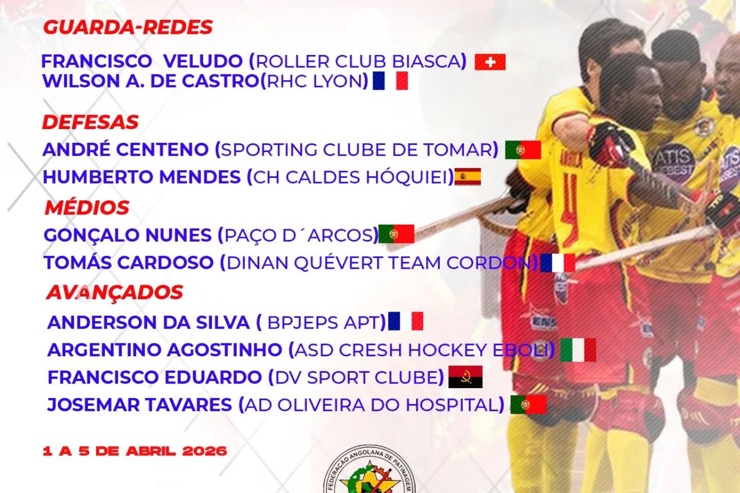 Jogadores chamados por Rui Neto para Taça das Nações em Hóquei em Patins