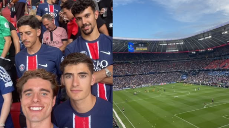 Três jogadores do Benfica equipados à PSG a torcer nas bancadas em Munique (foto)