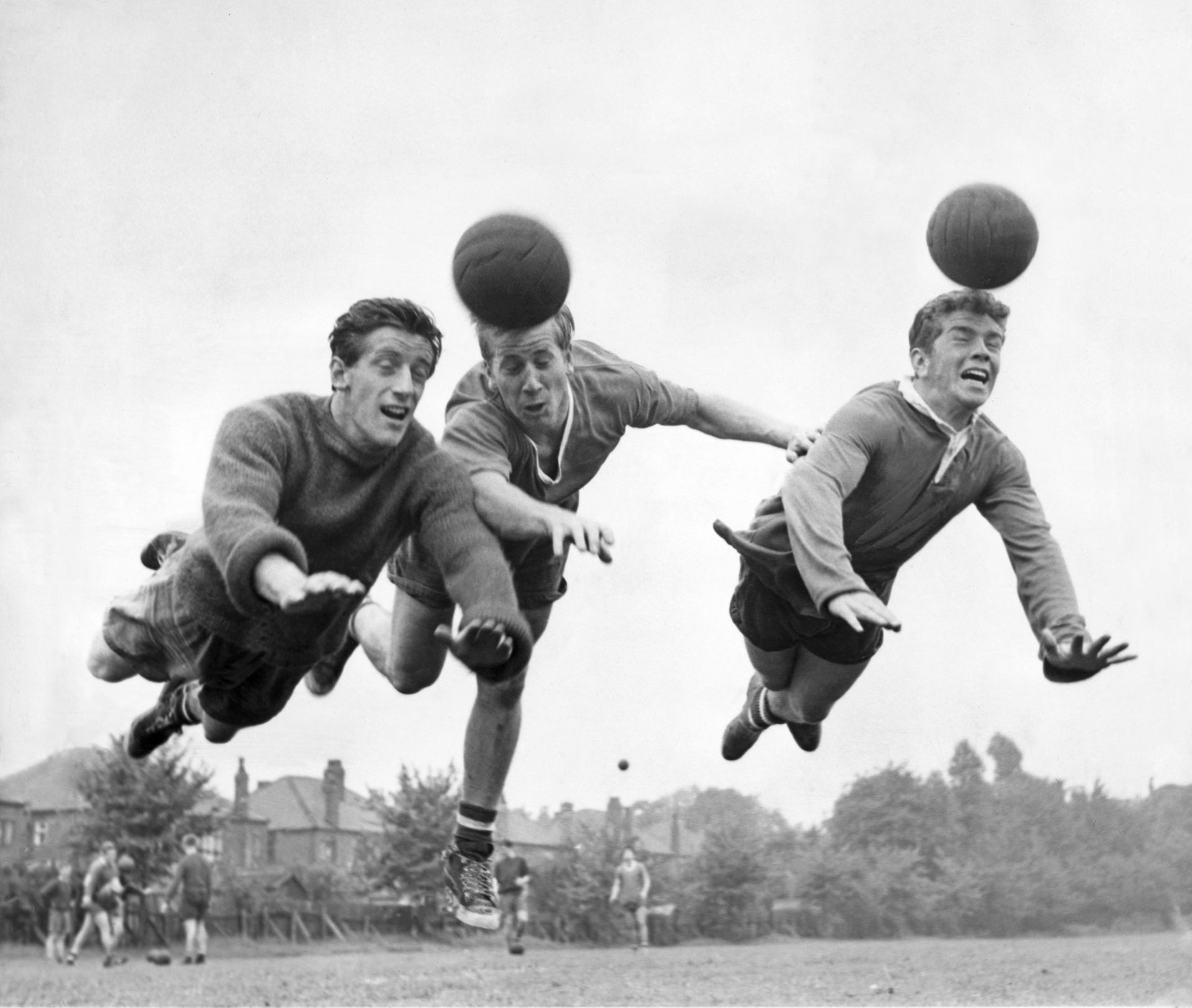 Dennis Viollet, Bobby Charlton and Johnny Giles training with Manchester United on 4 August 1960.