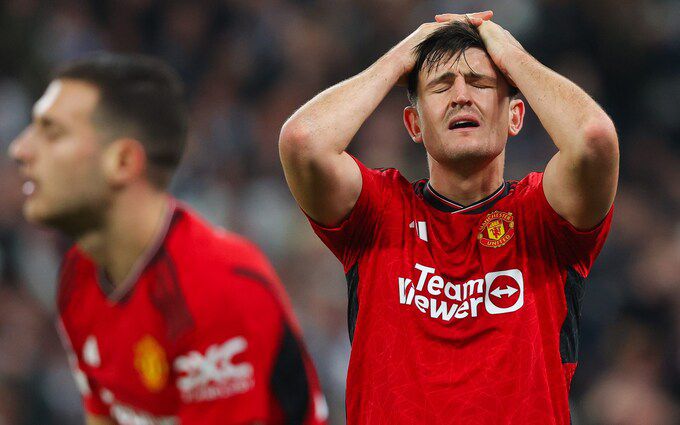 Harry Maguire is distraught as Copenhagen score their late winner against Manchester United CREDIT: Getty Images/James Gill