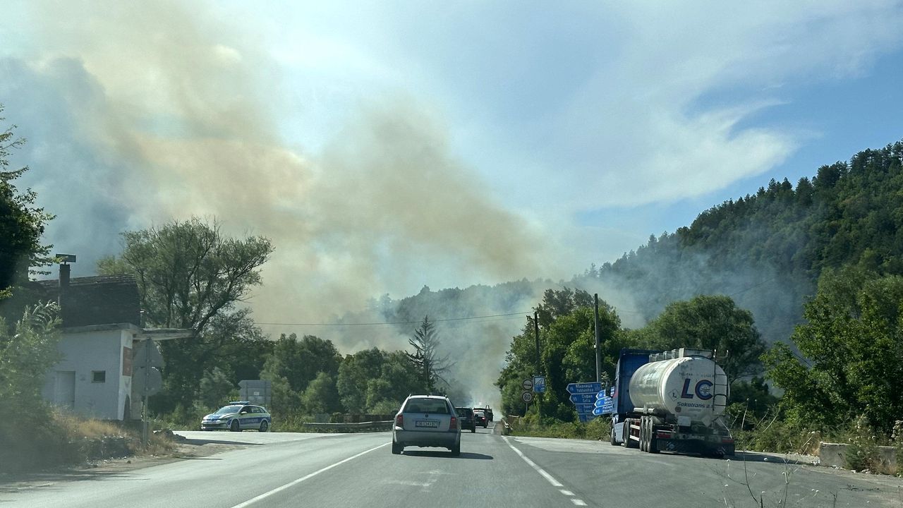 Пожар бушува край пътя Луковит – София, след село Български