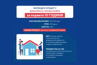 Жилищен кредит с фиксирана лихва в евро за първите 10 г. от Пощенска банка