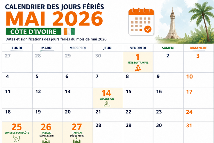 Calendrier des jours fériés de mai 2026 en Côte d’Ivoire: dates et significations