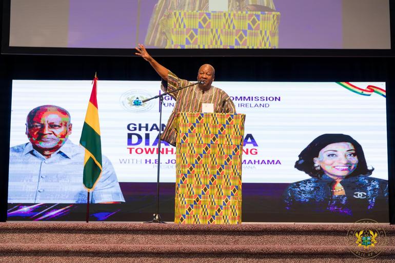 President John Mahama speaking at a diaspora town hall meeting on Sunday, May 31