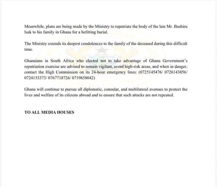 In a statement issued on Wednesday, July 1, 2026, the Ministry of Foreign Affairs said it had received "with profound shock and sadness" reports of the fatal shooting of Mr Bashiru Isak.