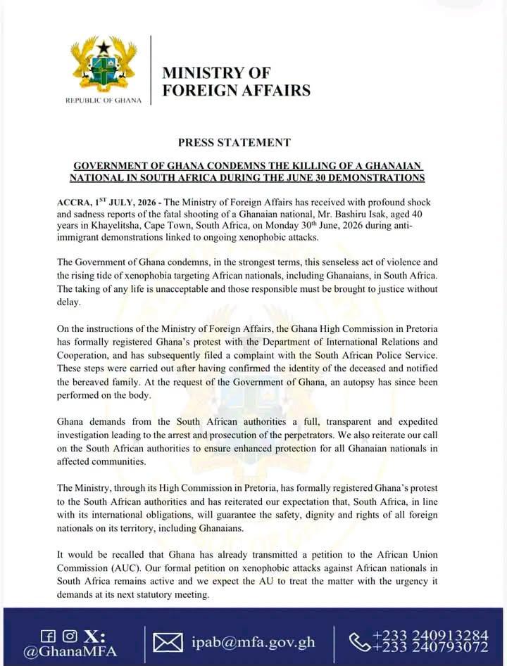 In a statement issued on Wednesday, July 1, 2026, the Ministry of Foreign Affairs said it had received "with profound shock and sadness" reports of the fatal shooting of Mr Bashiru Isak.
