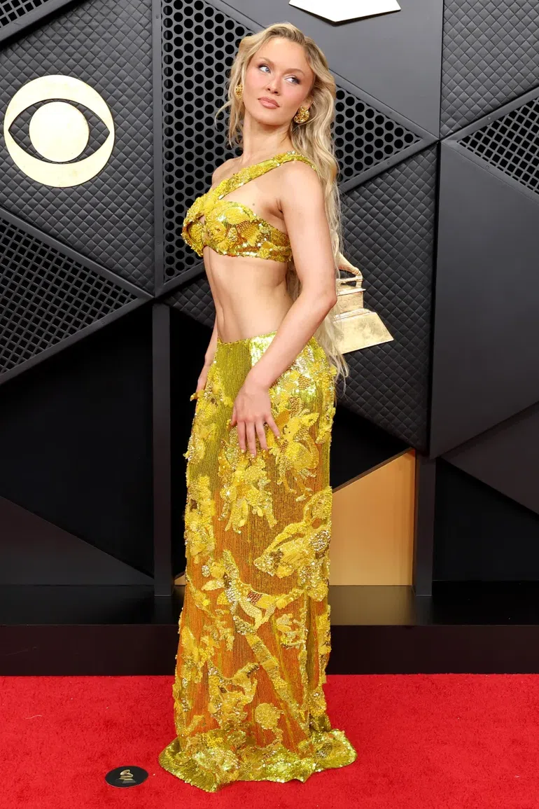 Swedish singer Zara Larsson wore a sequined golden two-piece by Kevin Germanier. Amy Sussman/Getty Images