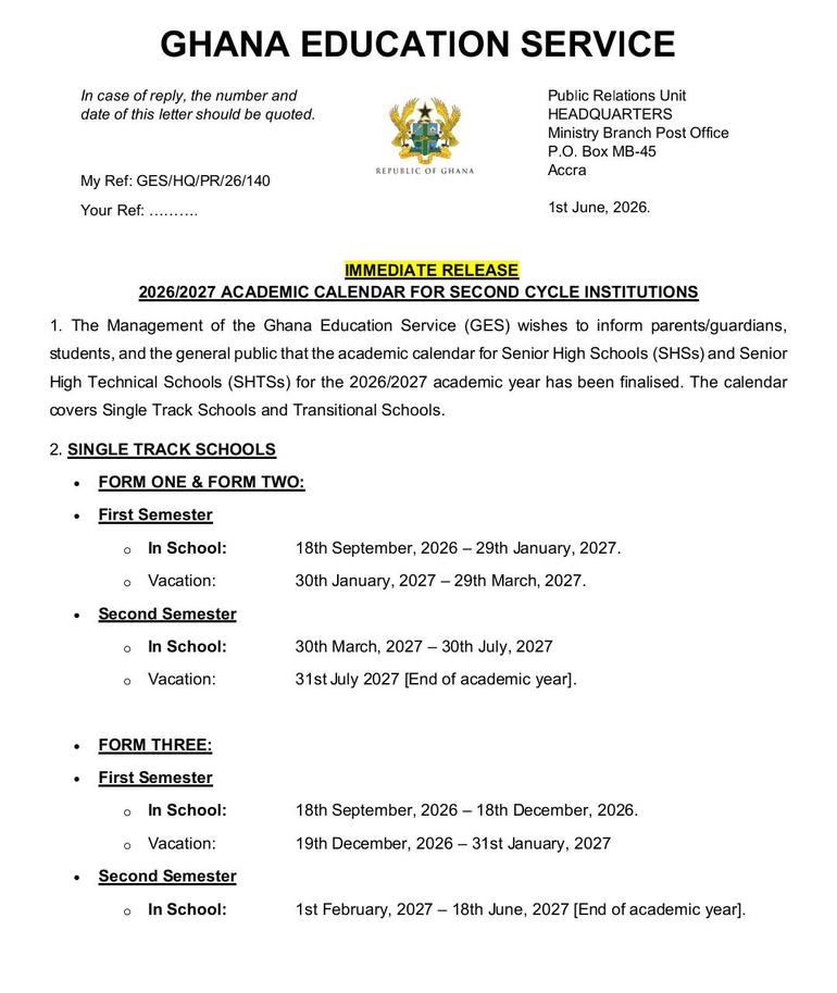 GES releases 2026/2027 academic calendar for SHSs and SHTSs - Full details