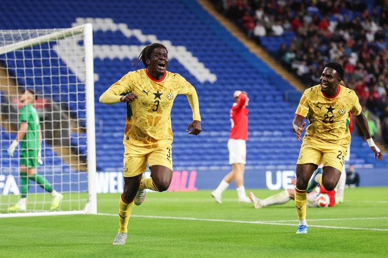 Caleb Yirenkyi of Ghana celebrates his goal to make it 0-1 during the Wales vs Ghana International Friendly, Länderspiel, Nationalmannschaft match at the Cardiff City Stadium, Cardiff. Picture credit should read: Gareth Evans Sportimage