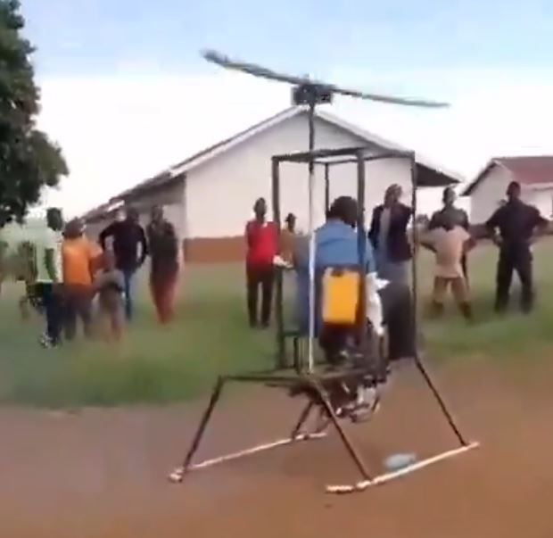 Hilarious reactions as man attempts to fly home-made helicopter