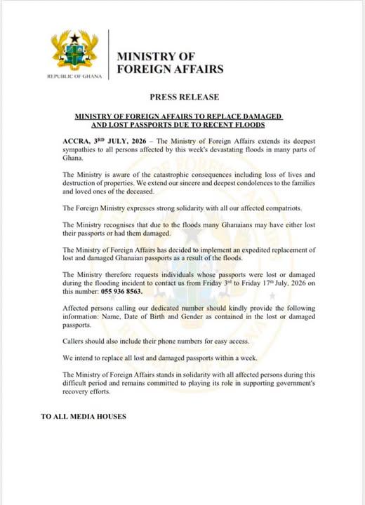 Foreign Affairs Ministry to replace passports lost or damaged in floods within a week