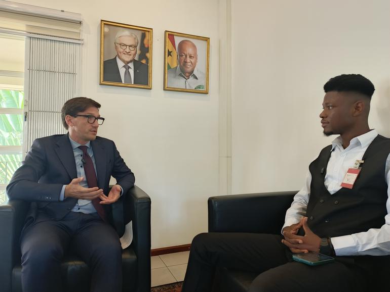 The German Ambassador to Ghana, H.E. Frederik Landshöft speaking in an interview with Pulse Ghana’s Maxwell Nyagamago