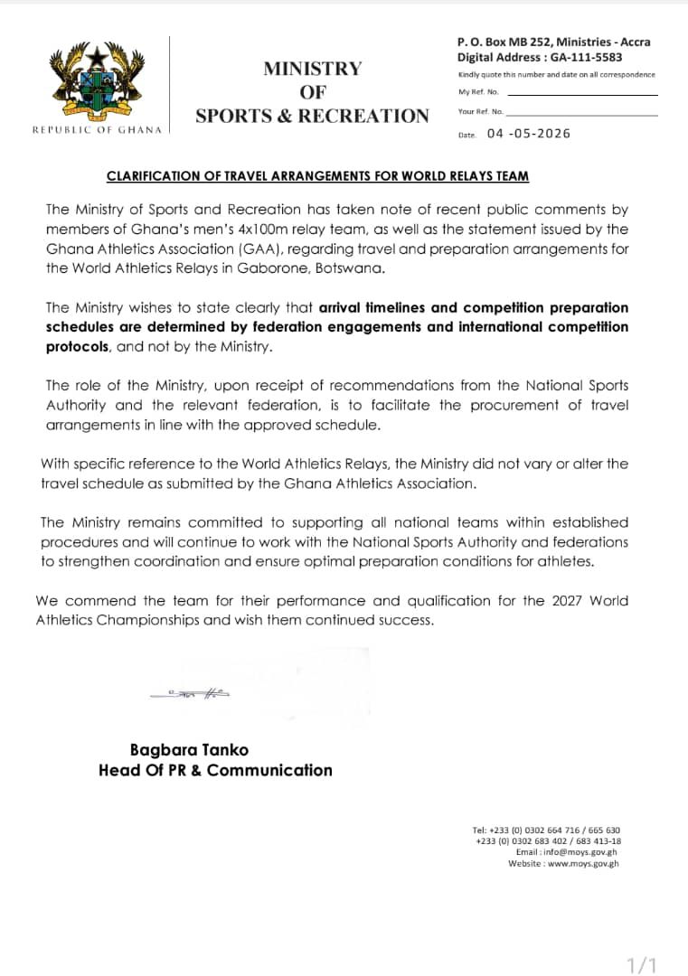 Sports Ministry clarifies travel arrangements for Ghana relay team after Saminu criticism