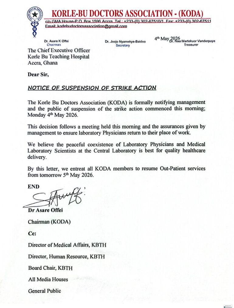 Korle-Bu doctors to resume OPD services on May 5th after suspending strike action