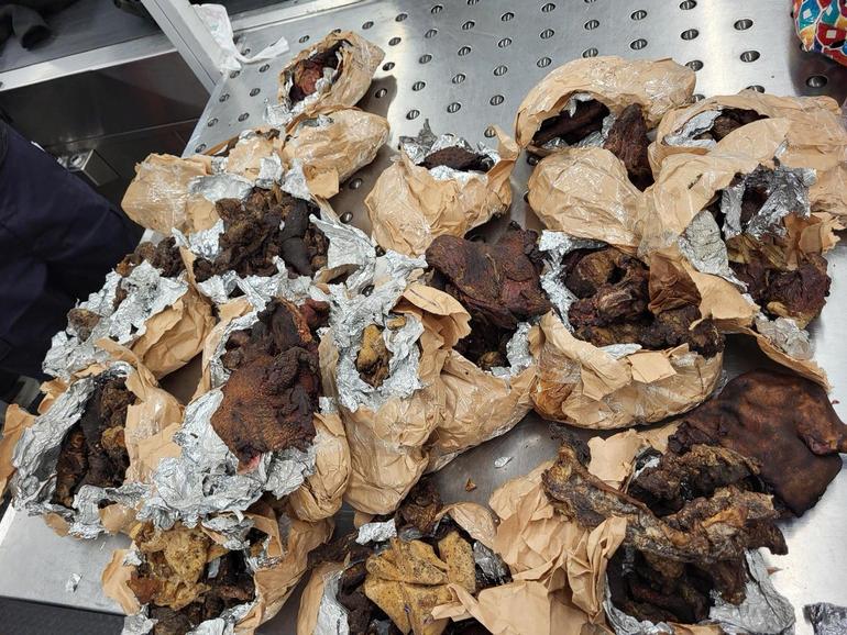 Bush meat and many animal-based products are prohibited from entering the United States due to health and wildlife protection concerns. Via x.com/CBP/media