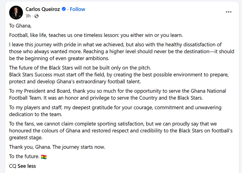 Carlos Queiroz's message on facebook