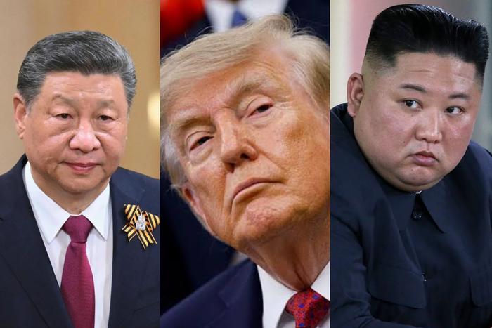 The president of China, Xi Jinping (left), Donald John Trump, President of the United States (middle) and Kim Jong Un, supreme leader and top head of state functions in North Korea (right)