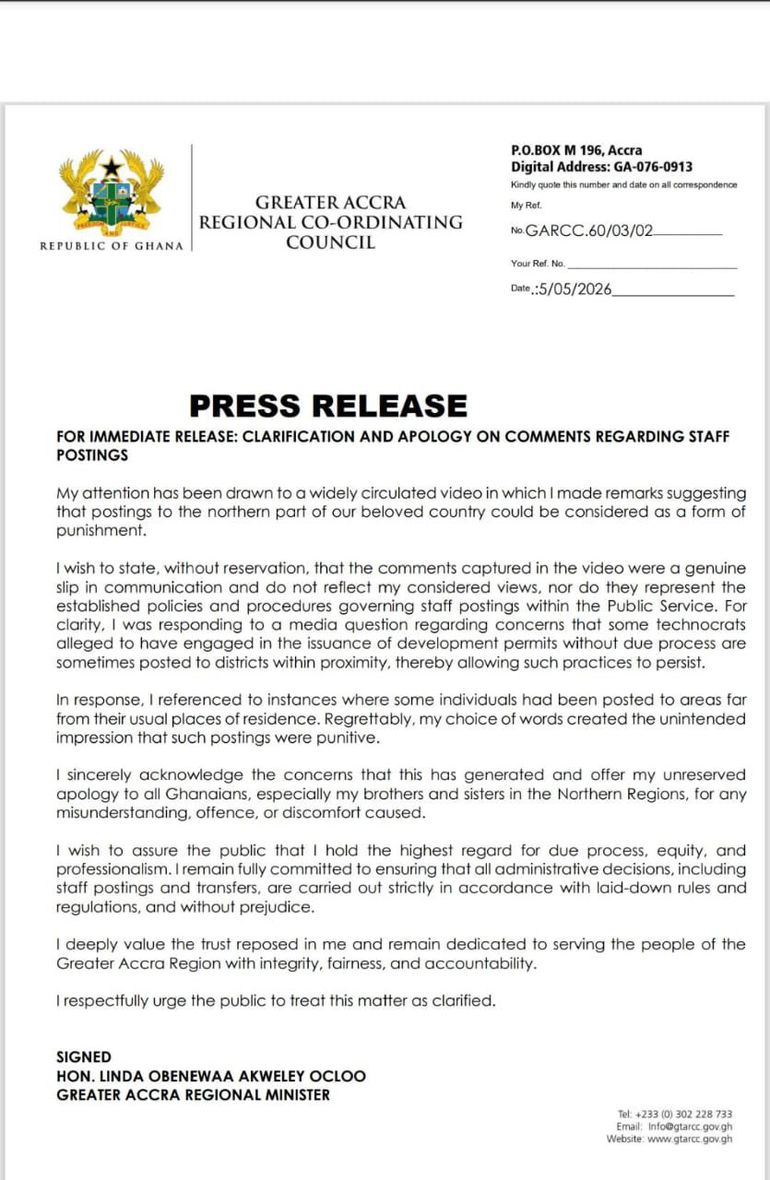In a press release issued on May 5, 2026, the minister expressed regret over the wording of her comments and moved to clarify her position.