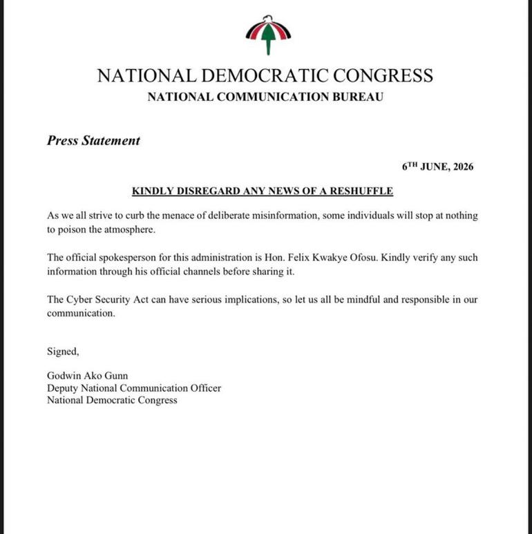 Press release dismissing reshuffle misinformation