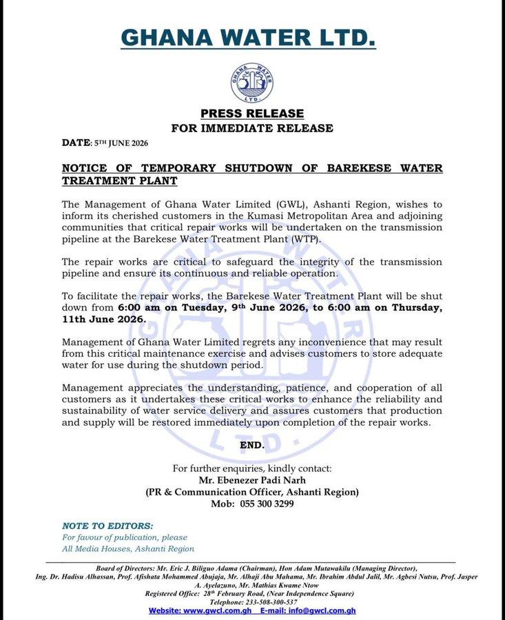 Press release from the Ghana Water Company