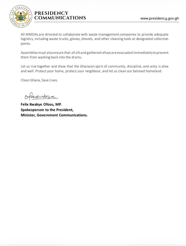 The directive, announced by the Presidency on Monday, forms part of government's post-flood recovery efforts under the auspices of the Post-Flood Mitigation Committee.