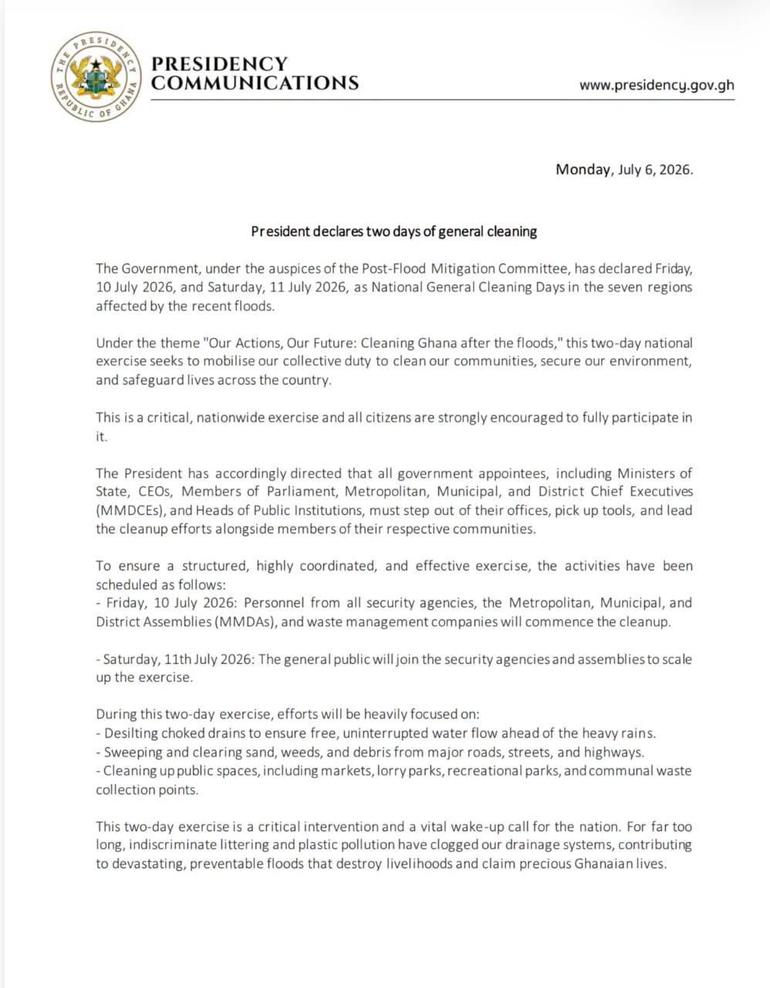 The directive, announced by the Presidency on Monday, forms part of government's post-flood recovery efforts under the auspices of the Post-Flood Mitigation Committee.