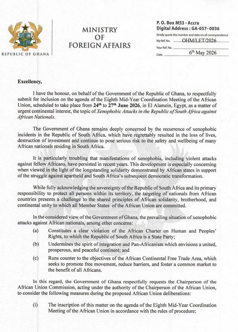 A diplomatic communication dated May 6, 2026, Ghana’s Minister for Foreign Affairs, Samuel Okudzeto Ablakwa