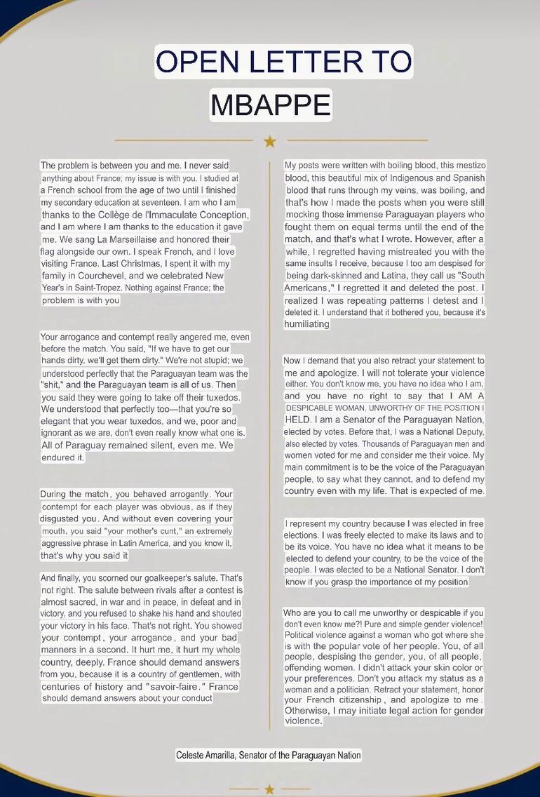 Paraguayan senator Celeste Amarilla's open letter