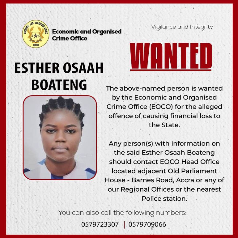 Esther Osaah Boateng, one of the three ladies declared wanted by EOCO for allegedly causing financial loss to the state