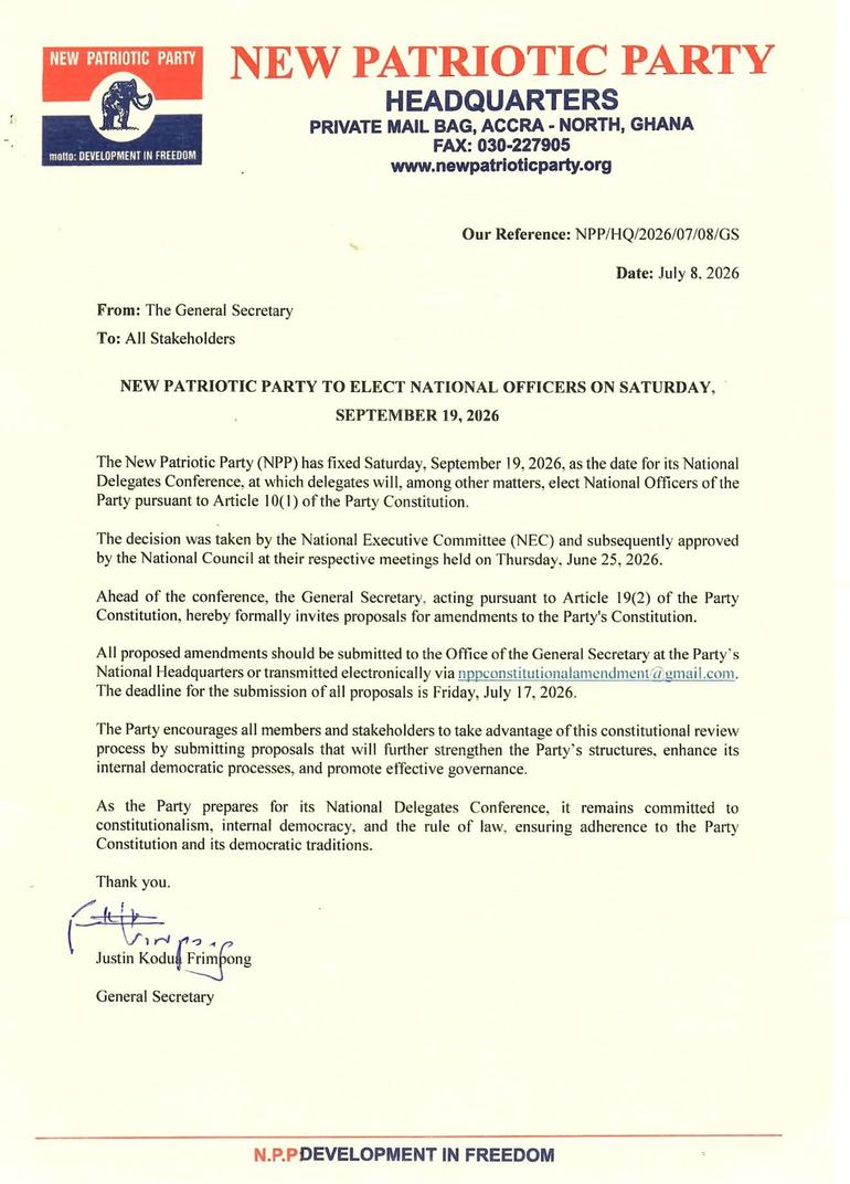 The statement dated July 8th and signed by the party's General Secretary, Justin Kodua Frimpong.