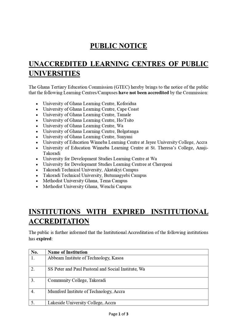 In a public notice issued on Wednesday, July 8, 2026, GTEC said the listed learning centres had not been accredited by the Commission.