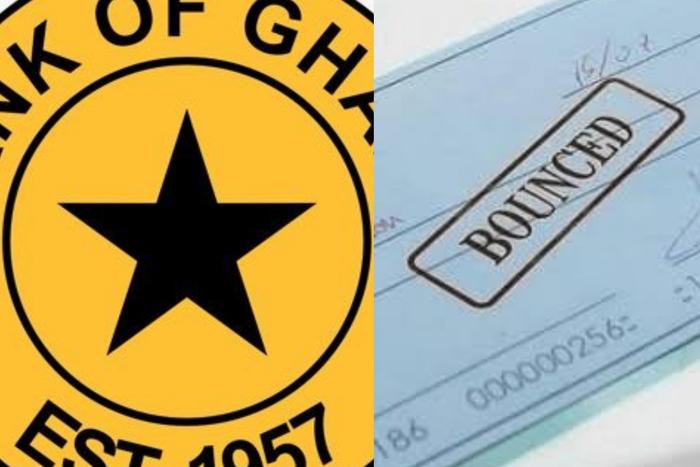 Bank of Ghana logo (left) and an image of a bounced cheque (right)