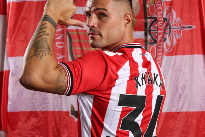 Granit Xhaka will wear the No 34 shirt at Sunderland, as he has done at all of his previous clubs. Photograph: Ian Horrocks/Sunderland AFC/Getty Images