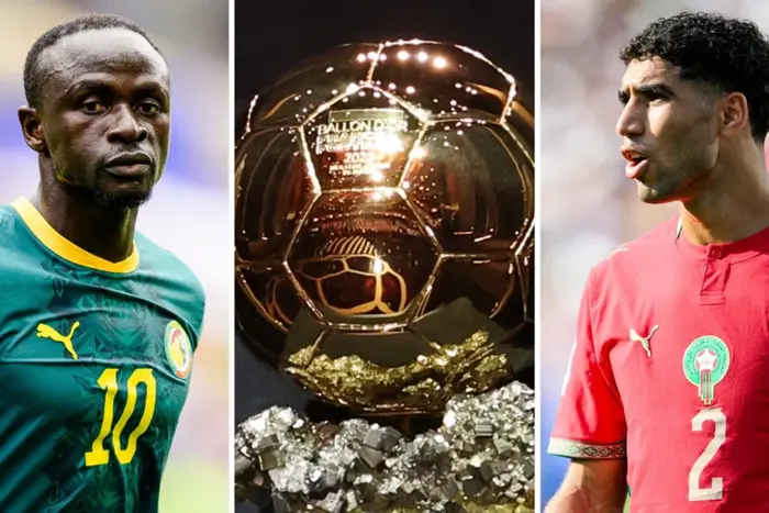 A triptych showing Sadio Mane, the Ballon d'Or trophy and Achraf Hakimi.